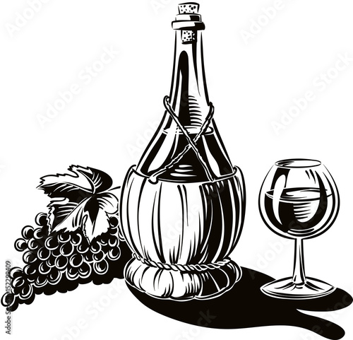 bunch of grapes ripe and a black wine bottle and a glass of red wine.