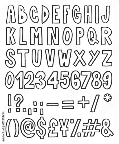 Thick Doodle Handwritten Outline Alphabet  Numbers   Signs with Marker Pen
