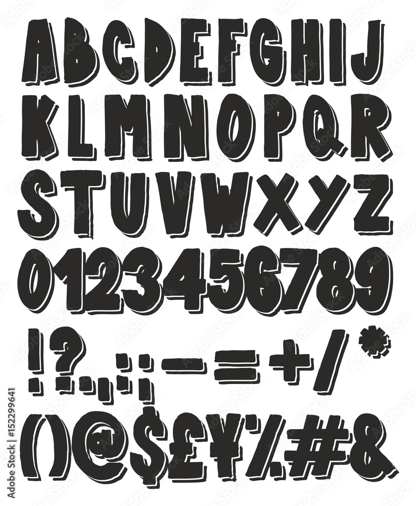 Thick Doodle Handwritten Fill with Drop Shadow Alphabet, Numbers