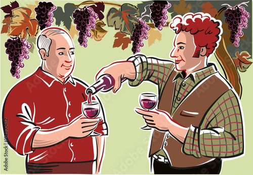 Two farmers in a break of the harvest, are allowed a glass of good red wine, in the cool shade of a pergola full of black grapes ripen.