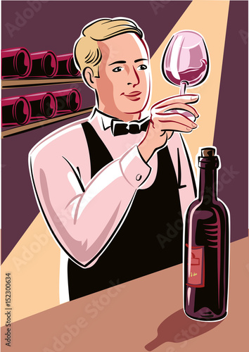 Young wine taster, intent to admire the ruby-colored wine from a bottle just uncorked.