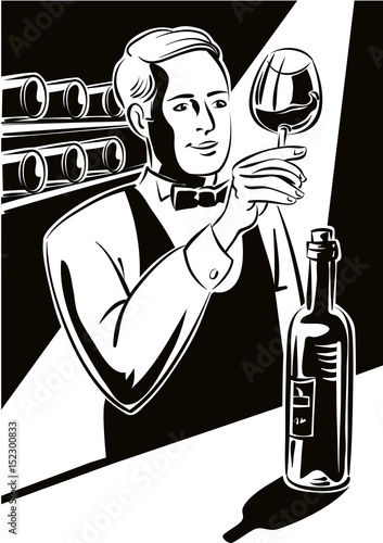 Young wine taster, intent to admire the ruby-colored wine from a bottle just uncorked.