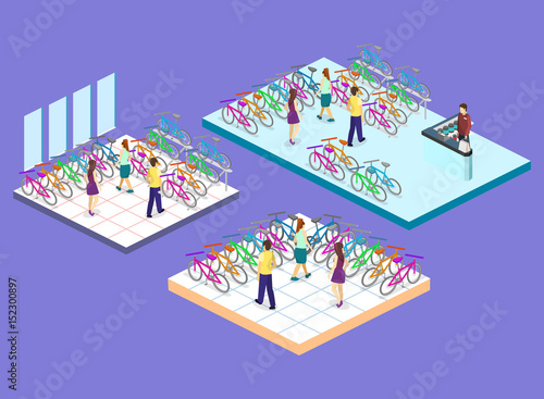 Isometric flat 3D isolated vector cutaway interior of bicycle shop.