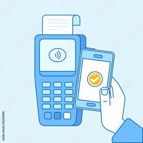 Vector flat linear illustration in blue colors - contactless payment concept