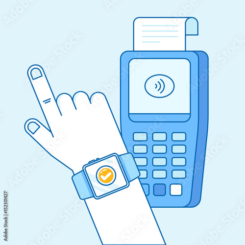 Vector flat linear illustration in blue colors - contactless payment concept