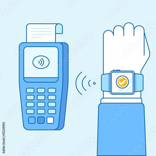 Vector flat linear illustration in blue colors - contactless payment concept