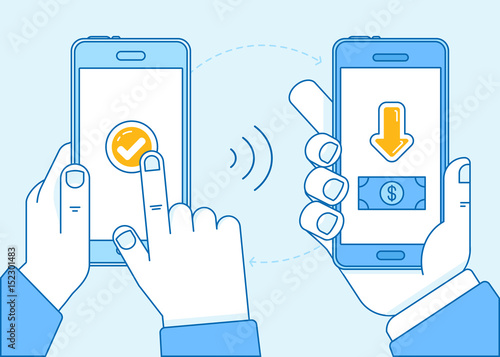 Vector flat linear illustration in blue colors - contactless payment concept