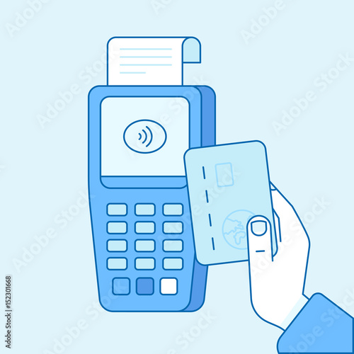 Vector flat linear illustration in blue colors - contactless payment concept