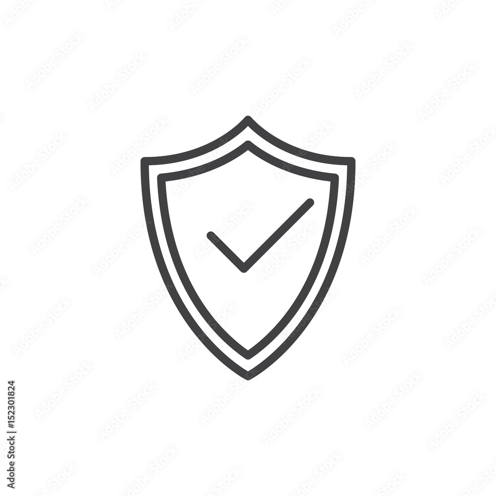 Protection shield with check mark line icon, outline vector sign, linear style pictogram isolated on white. Symbol, logo illustration. Editable stroke. Pixel perfect Protection shield with check mark line icon, outline vector sign, linear style pictogram isolated on white. Symbol, logo illustration. Editable stroke. Pixel perfect