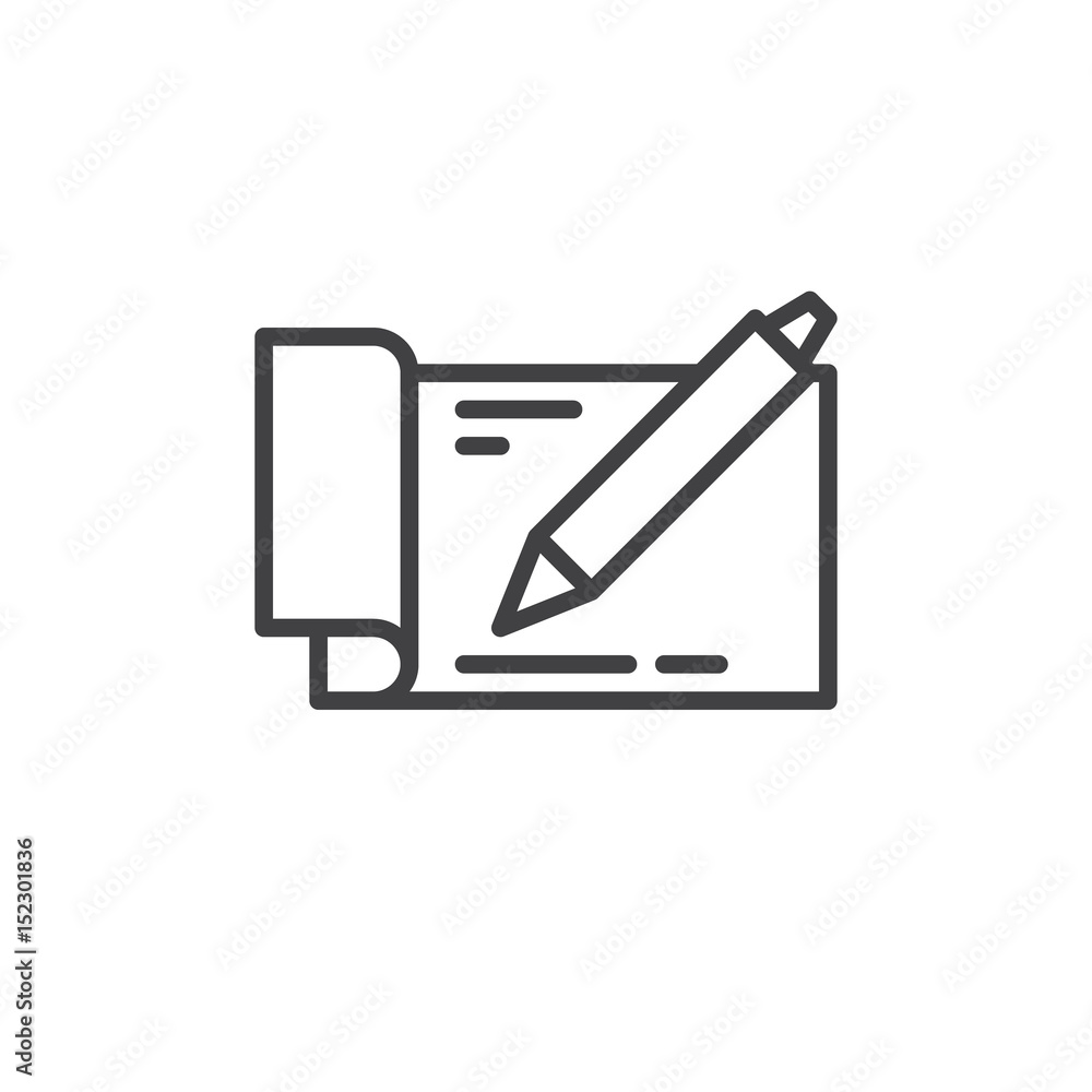 Checkbook with pen line icon, outline vector sign, linear style pictogram isolated on white. Symbol, logo illustration. Editable stroke. Pixel perfect Checkbook with pen line icon, outline vector sign, linear style pictogram isolated on white. Symbol, logo illustration. Editable stroke. Pixel perfect