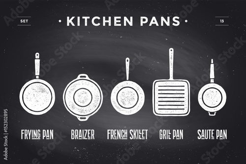 Set of kitchen pans. Poster Kitchenware - Pans, grill, pot. Vintage typographic hand-drawn pans silhouette on black chalkboard for restaurant menu, graphic design. Food theme. Vector Illustration