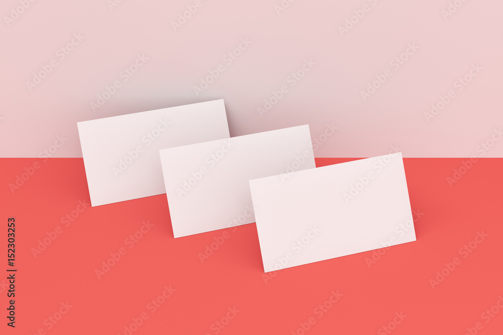 White blank business cards mock-up on white and red background White blank business cards mock-up on white and red background
