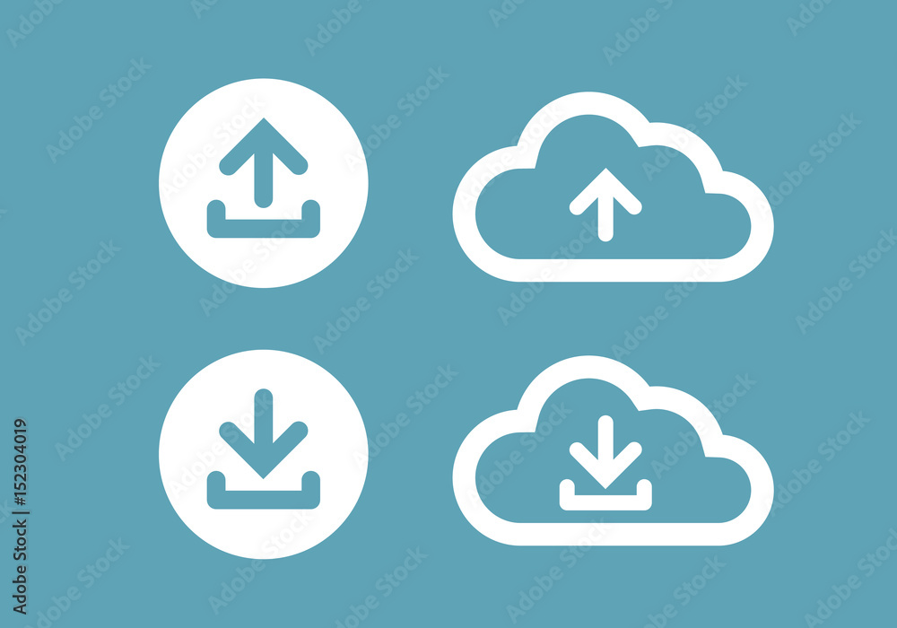Upload from cloud symbols. Download now icon. Flat icons, vector
