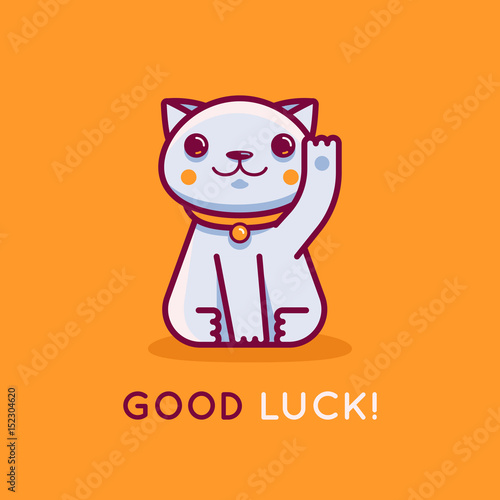 Vector flat linear illustration and logo design template - maneki neko cat wishing good luck