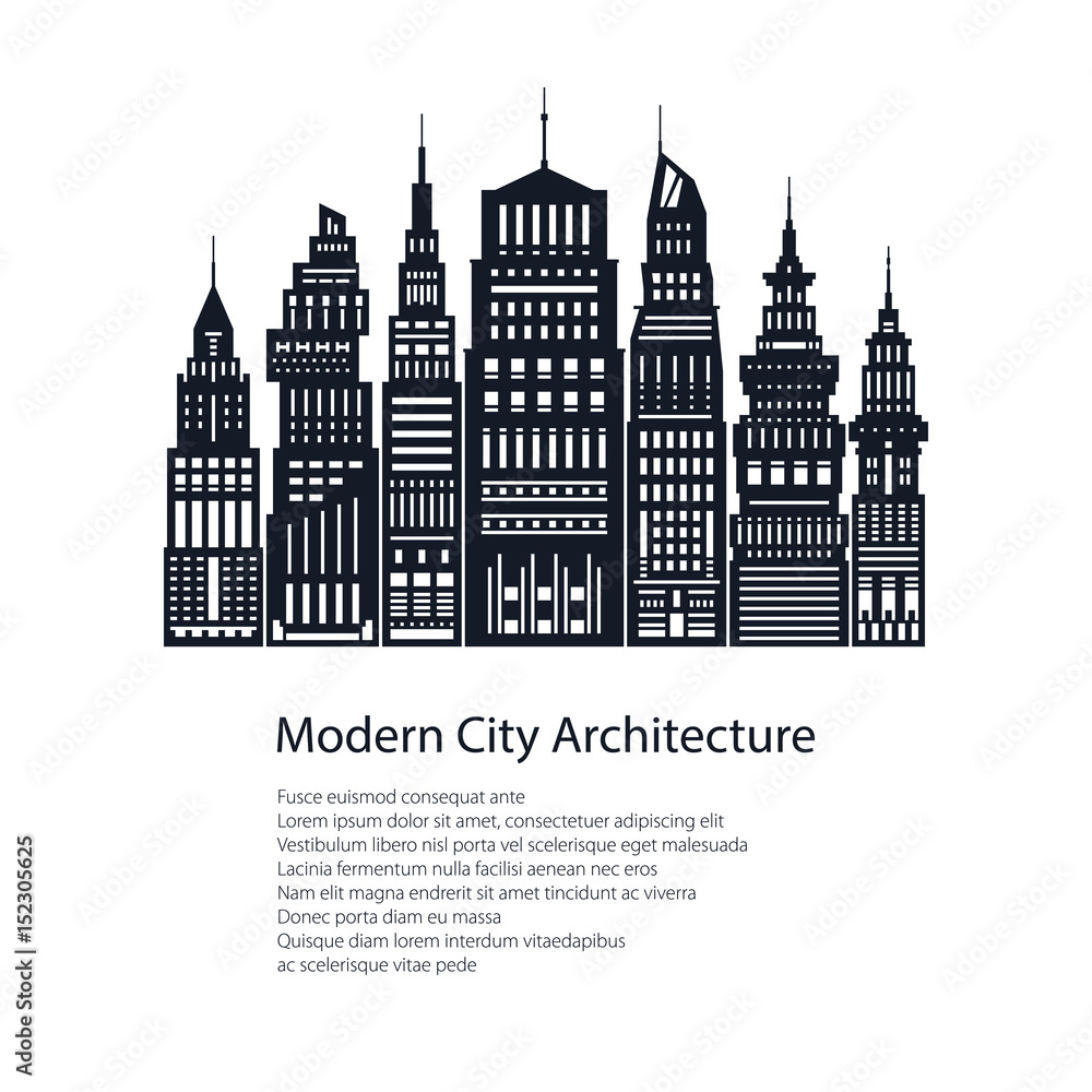 Flyer Modern Big City , Poster Architecture Megapolis with Buildings and Skyscraper and Text, City Financial Center , Brochure Design, Black and White Vector Illustration