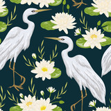 Seamless pattern with heron bird and water lily. Swamp flora and fauna. Vintage hand drawn vector illustration in watercolor style