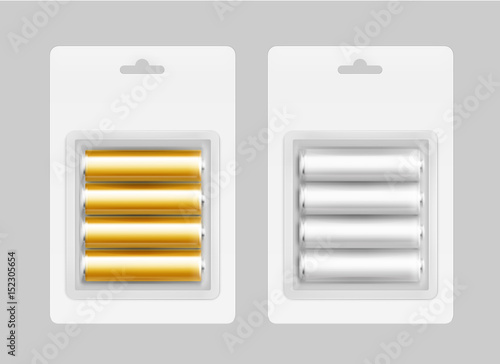 Vector Set of Four White Silver Gray Golden Yellow Glossy Alkaline AA Batteries in White Blister Packed for branding Close up Isolated on Background