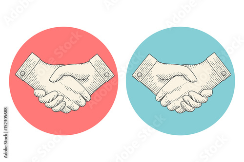 Vintage drawing icons of handshake or contract agreement symbol in engraving style on white background. Handshake in old engraved vintage retro style for business presentation. Vector Illustration