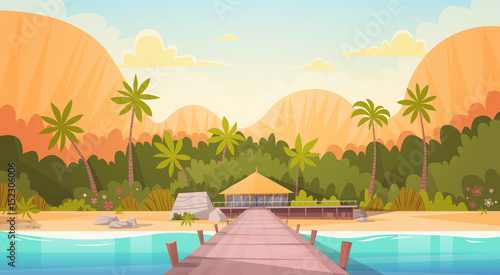 Tropical Beach With Water Bungalow House Landscape, Summer Travel Vacation Concept Flat Vector Illustration