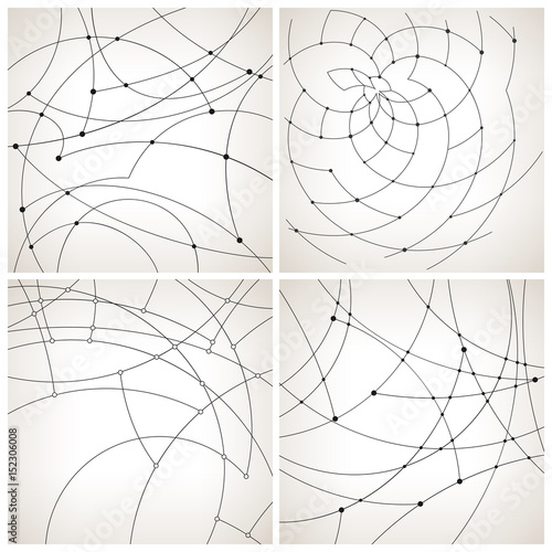 Set of Abstract Geometric Backgrounds of the Curves, Unfinished Lines and Nodes on a Light Background, Black and White Vector Illustration