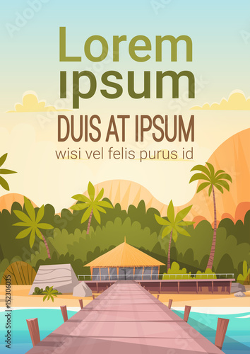 Tropical Beach With Water Bungalow House Landscape, Summer Travel Vacation Concept Flat Vector Illustration