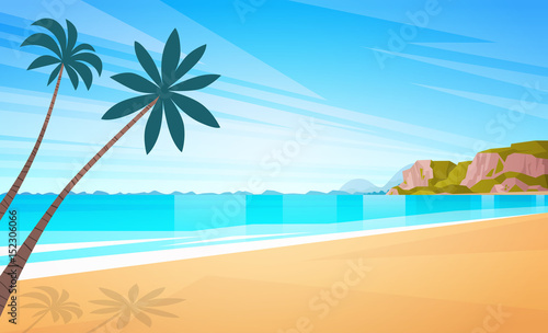 Fototapeta Naklejka Na Ścianę i Meble -  Sea Shore Sand Beach Summer Vacation Blue Sky Sun Flat Vector Lllustration