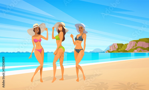 Three Woman In Bikini On Beach, Sexy Girls Wear Hat On Summer Sea Vacation Flat Vector Illustration
