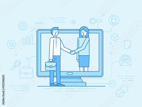 Vector illustration in flat linear style and blue - outsource business and remote work concept