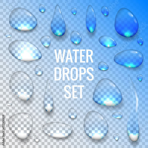 Realistic transparent drops of water with radiant reflections isolated objects