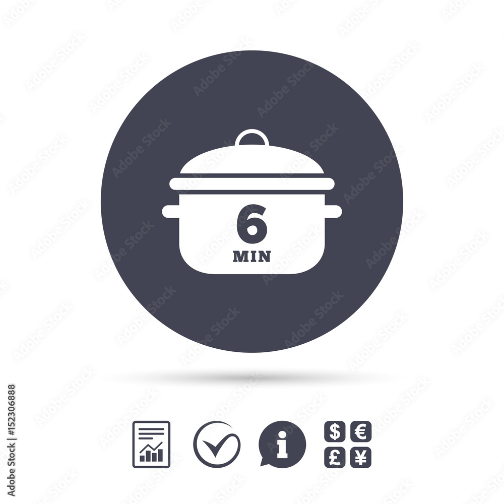 Boil 6 minutes. Cooking pan sign icon. Stew food. Boil 6 minutes. Cooking pan sign icon. Stew food.
