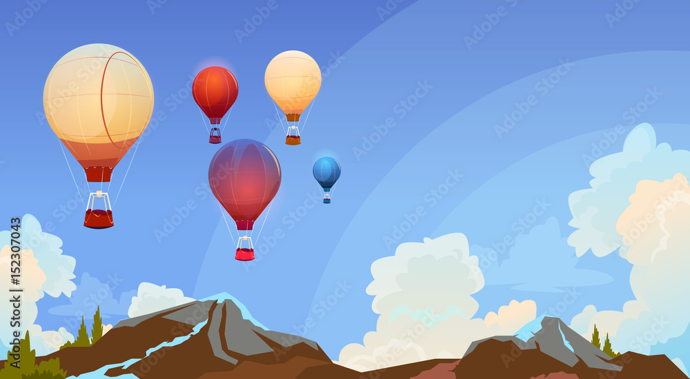 Naklejka Colorful Air Balloons Flying In Sky Over Summer Landscape Flat Vector Illustration