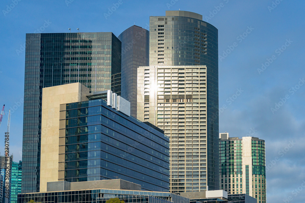 Skyscrapers against blue sky on the background