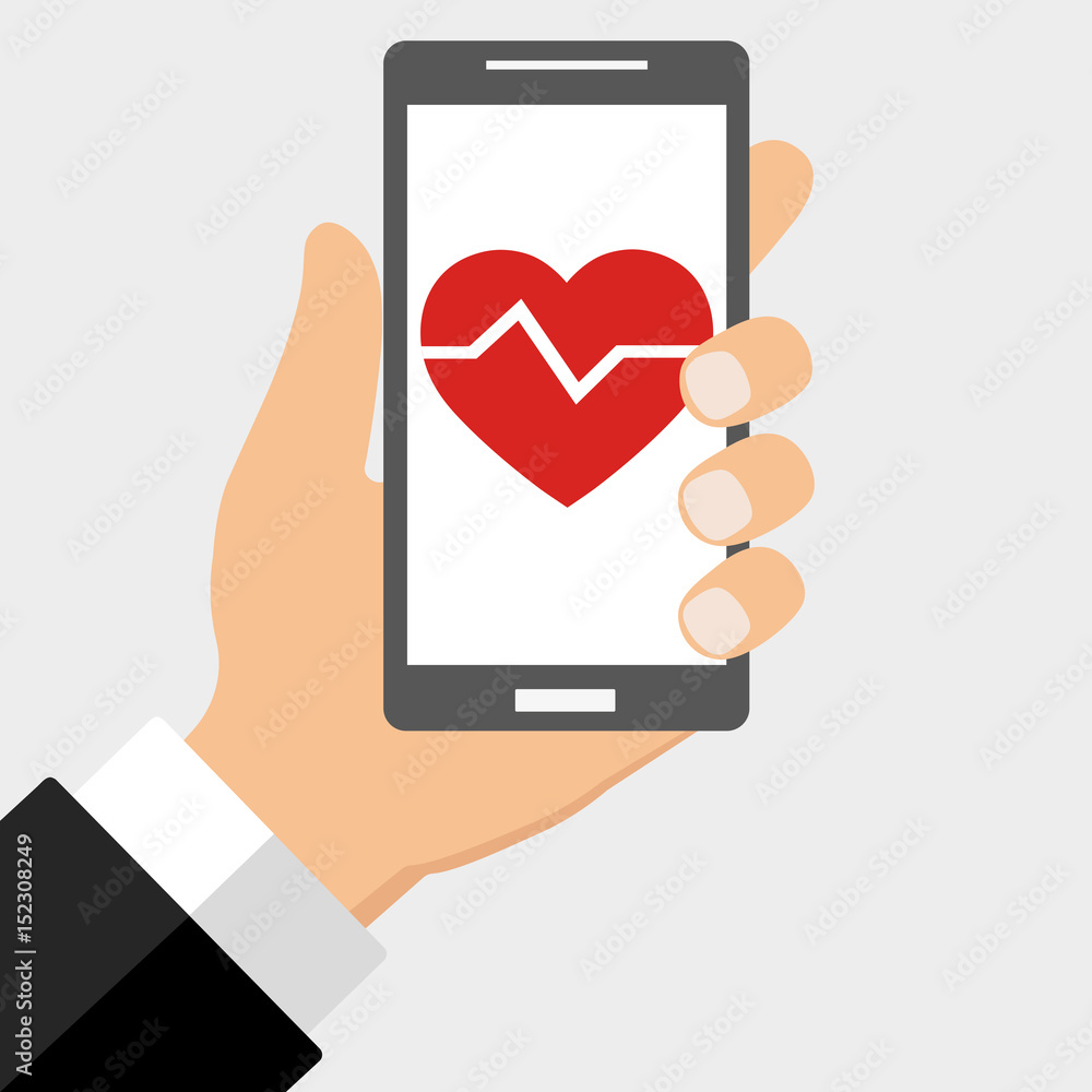 Phone with a heart in hand on a gray background Phone with a heart in hand on a gray background