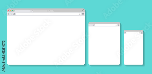 Set of Flat blank browser windows for different devices. Vector. Computer, tablet, phone sizes. Device Icons: smart phone, tablet and desktop computer. Vector illustration of responsive web design.