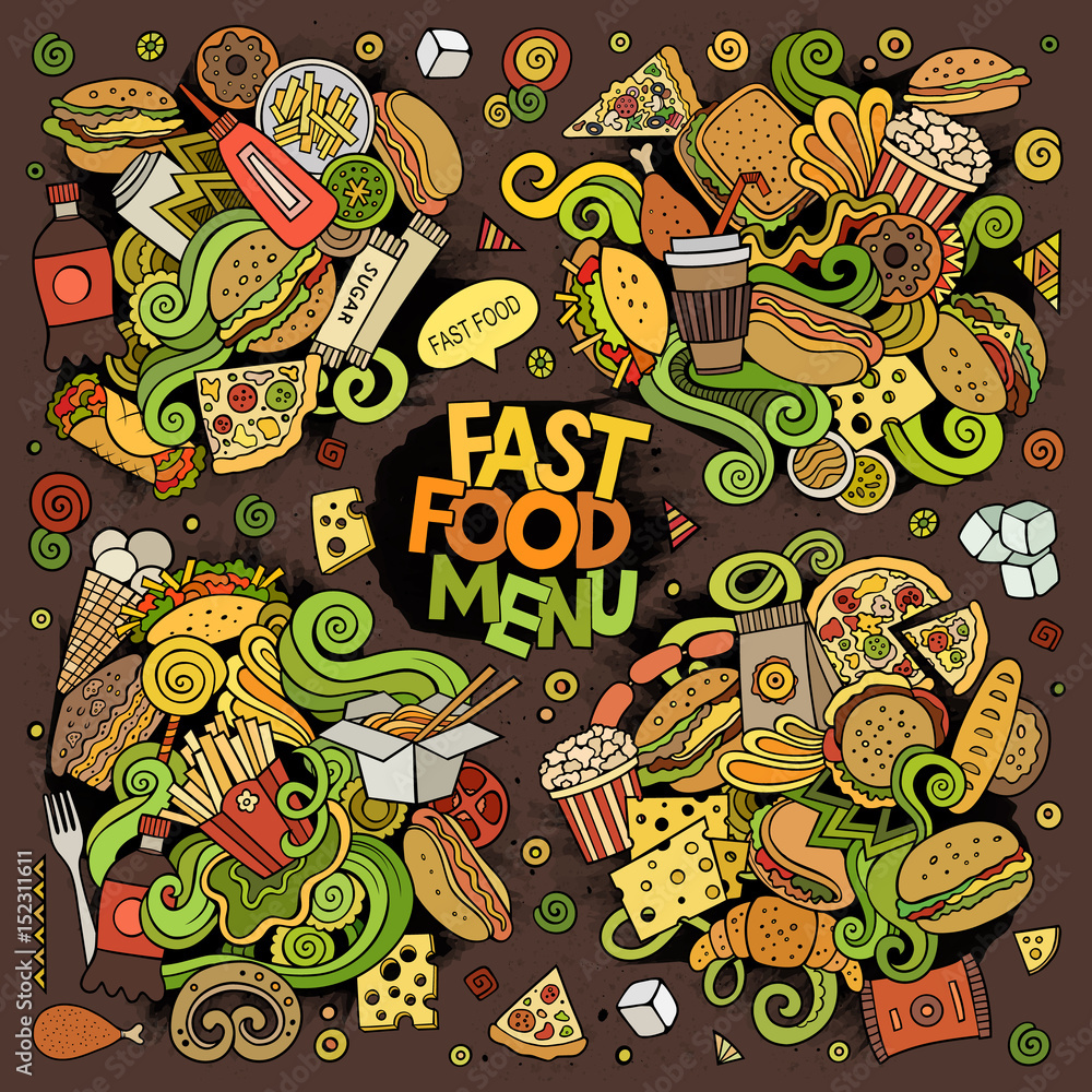 Fast food hand drawn vector doodles design