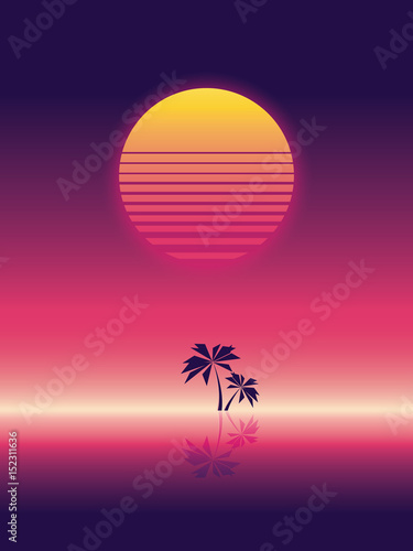 Summer beach party vector banner or flyer template. 80s retro neon glow style. Palm trees on horizon.