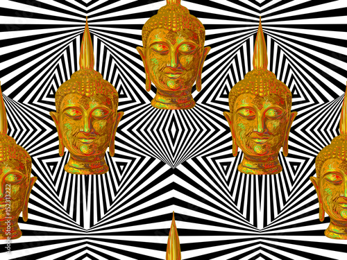 Seamless hippie pattern with Buddha head. Thai god, yoga zen. Esoteric background perfect for wallpaper, pattern fill, web page, surface texture, textile. Indian Buddhism spiritual art