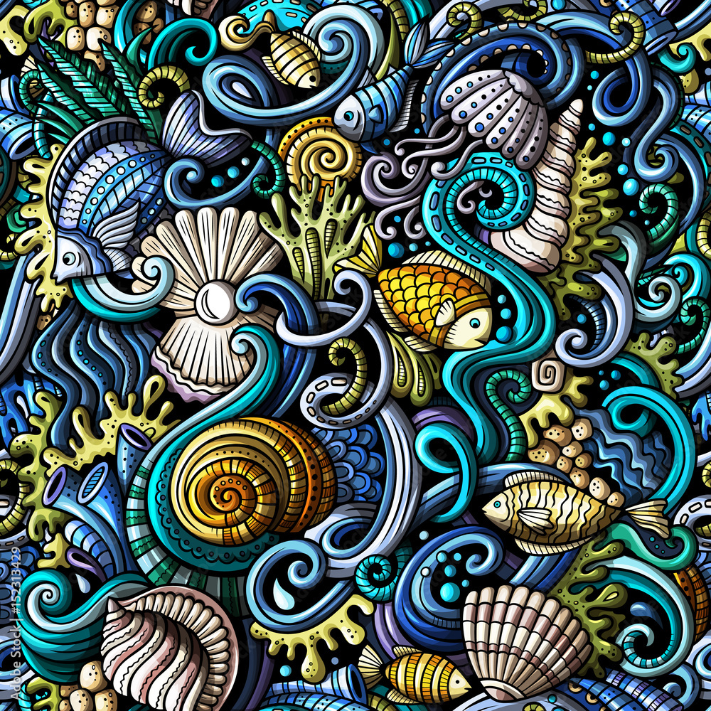 Fototapeta premium Cartoon doodles under water life seamless pattern