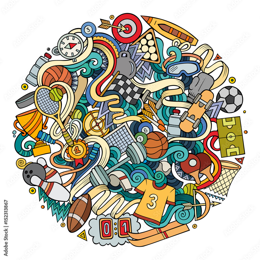 Fototapeta premium Cartoon cute doodles hand drawn Sport illustration