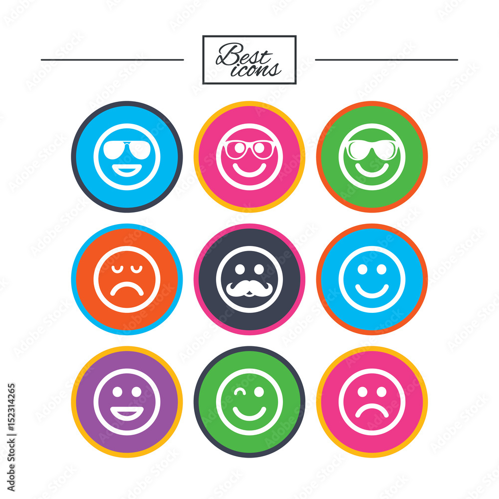Smile icons. Sunglasses, mustache and laughing. Smile icons. Sunglasses, mustache and laughing.