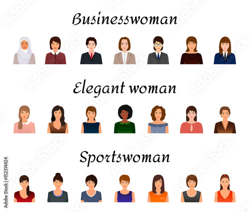 Avatars characters set of different kind women. Business, elegant and sports female icons faces on a white background.