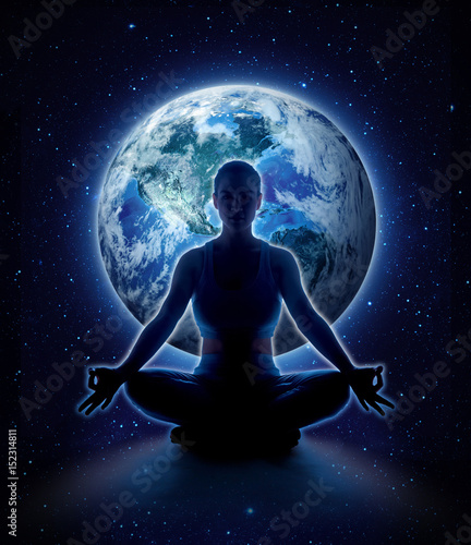 Yoga woman on the world. Meditation girl sitting in lotus pose on planet earth and star in dark night sky, Moon original image from NASA.gov