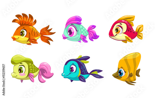 Funny cartoon colorful fishes set.