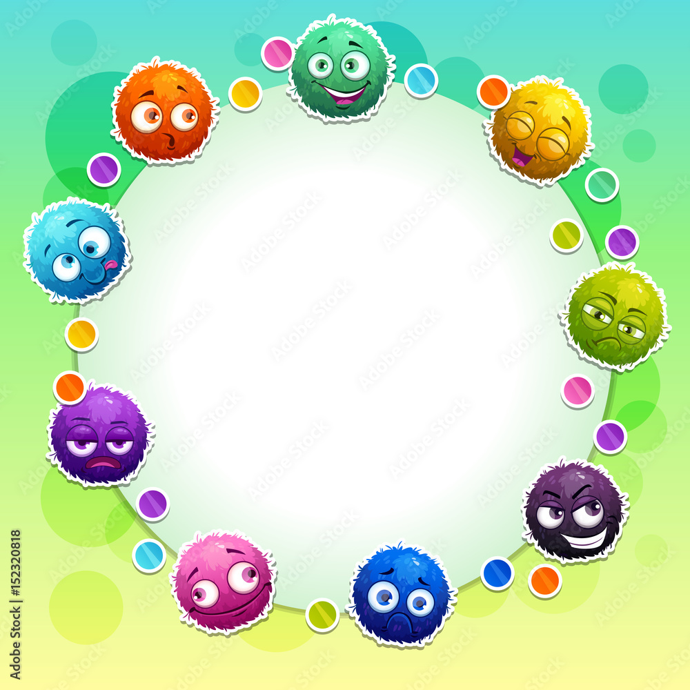 Funny childish banner with cute colorful fluffy round characters. Funny childish banner with cute colorful fluffy round characters.