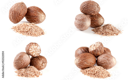 four nutmeg and powder isolated on white background. Set or collection