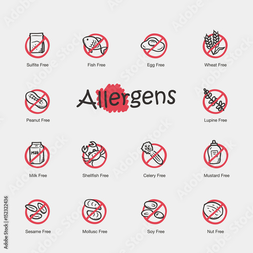 Set of allergens icons isolated on light background. Contains such icons as fish, egg, peanut, milk, sesame and more.