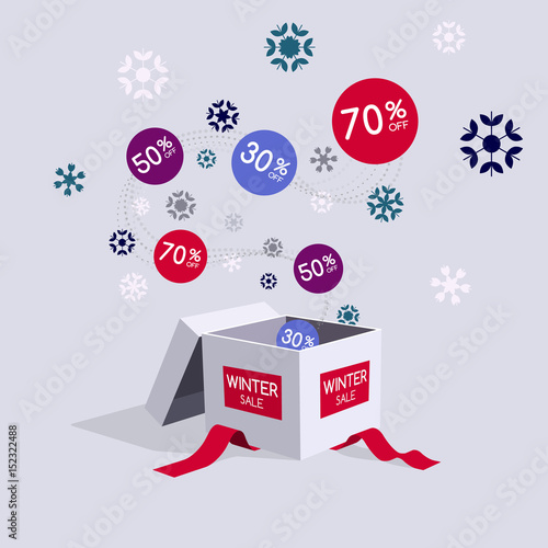 Special winter offer sale discount symbol with open gift and flow labels isolated on light background. Easy to use for your design with transparent shadows.