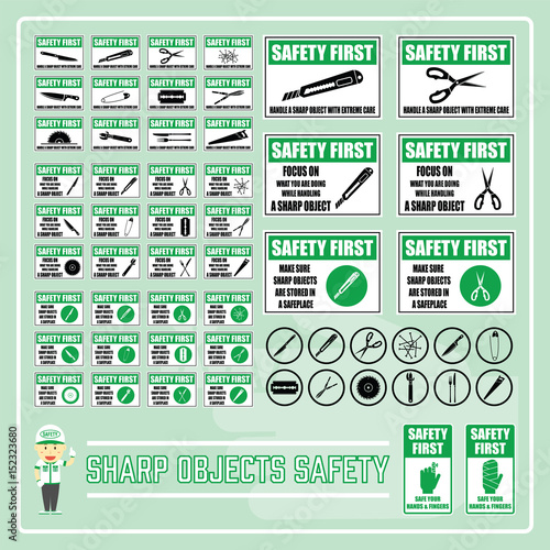 Set of Labels and Signs of Sharp Objects Safety with Cute Safety Cartoon