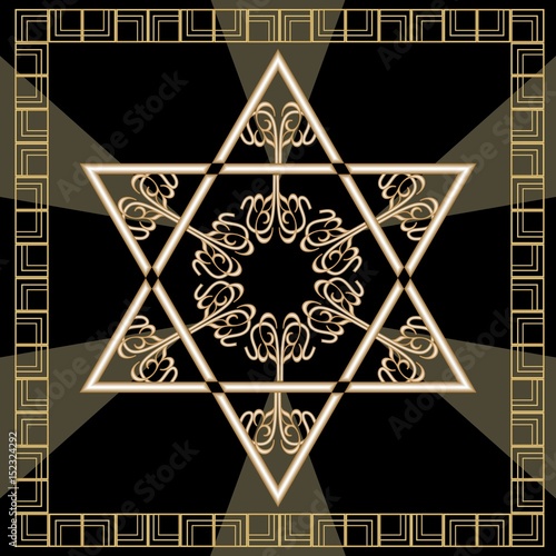 Star of David decoration tile with geometric vintage yew ornament in gold design. Israel national symbol magen. Davids star in golden frame. Hannukah decoration. High holy days, Yamim Noraim