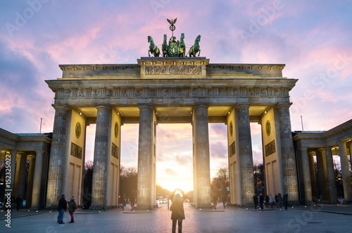 Illuminated Brandenburg Gate sunset view, Berlin, Germany